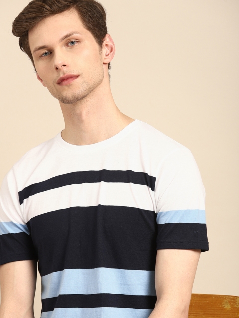 

ether Men Blue & White Striped Round Neck T-shirt