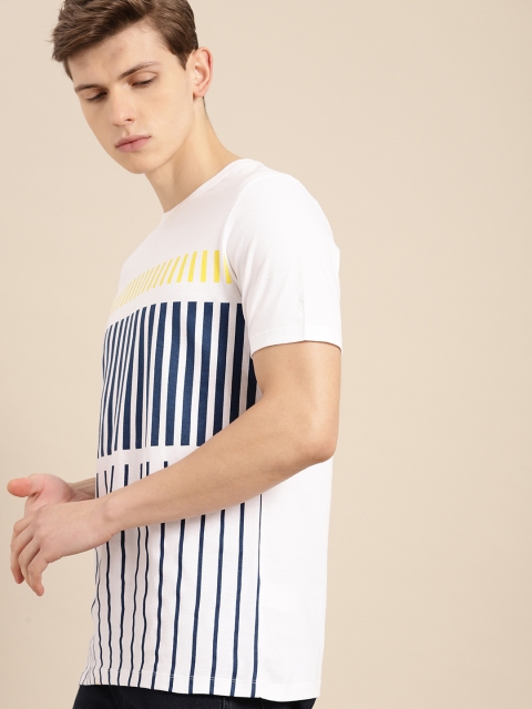 

ether Men White & Blue Striped Round Neck T-shirt