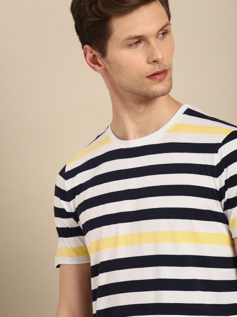 

ether Men Navy Blue & White Striped Round Neck T-shirt
