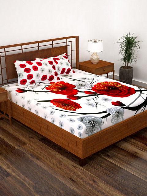 

Story@home White & Red Floral 186 TC Cotton 1 Double Bedsheet with 2 Pillow Covers