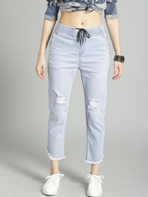 

Roadster Women Blue Slashed Knee Cropped Hem Jogger Mid-Rise Stretchable Jeans