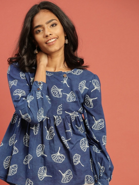 

Taavi Women Blue Indigo A-Line Sustainable Top with Gathers
