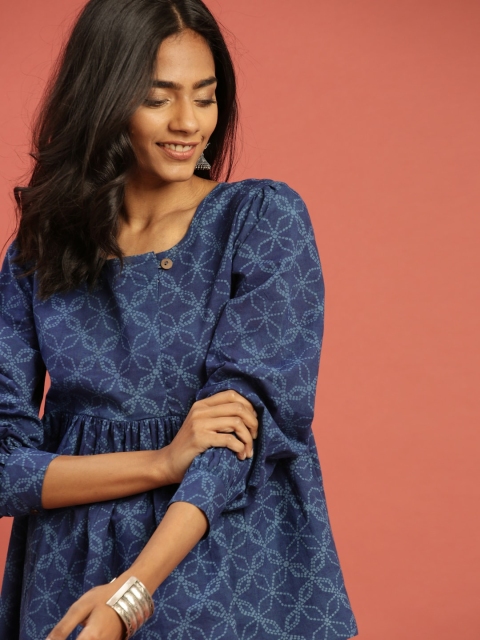 

Taavi Women Blue Indigo A-Line Sustainable Pure Cotton Top with Gathers