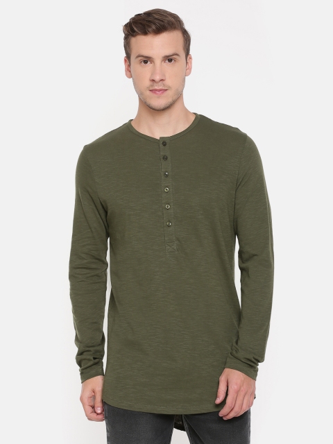 

SKULT by Shahid Kapoor Men Olive Green Solid Henley Neck Longline T-Shirt