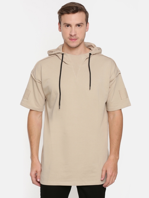 

SKULT by Shahid Kapoor Men Beige Solid Hooded Longline T-shirt