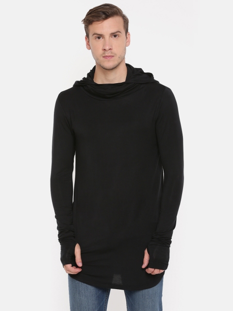 

SKULT by Shahid Kapoor Men Black Solid Hooded Longline T-shirt