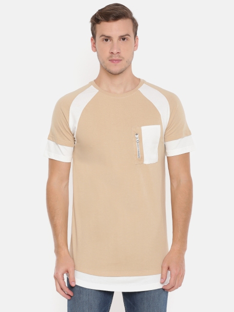 

SKULT by Shahid Kapoor Men Beige Solid Round Neck Longline Pure Cotton T-shirt