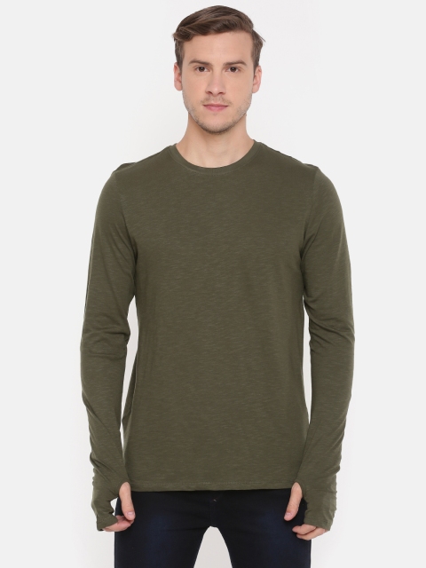 

SKULT by Shahid Kapoor Men Olive Green Solid Round Neck Longline T-Shirt