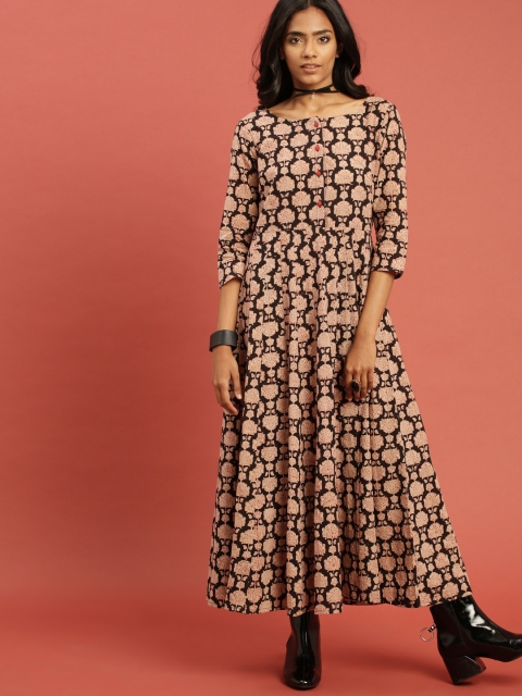 

Taavi Women Black & Beige Block Print Legacy Panelled A-Line Sustainable Kurta with Button Closure