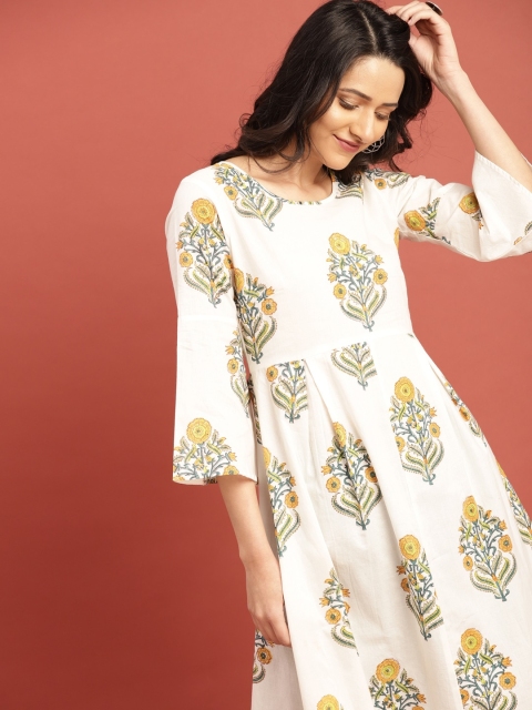 

Taavi Women Off-White & Green Block Print Legacy A-Line Panelled Sustainable Kurta with Palazzos