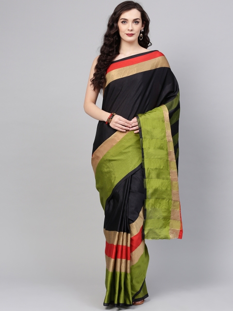 

Saree mall Black & Green Striped Banarasi Saree