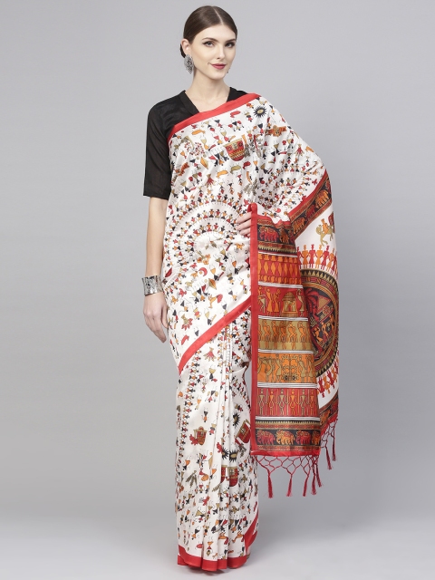 

Saree mall Off-White & Red Printed Bhagalpuri Saree