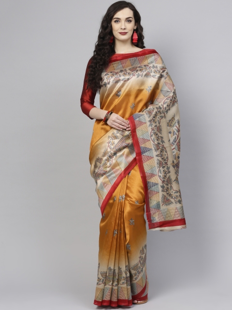 

Saree mall Mustard Yellow & Maroon Printed Bhagalpuri Saree