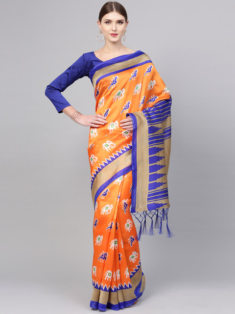 

Saree mall Orange & Blue Printed Bhagalpuri Saree