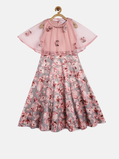 

Peppermint Girls Peach-Coloured Printed Fit and Flare Dress with Cape