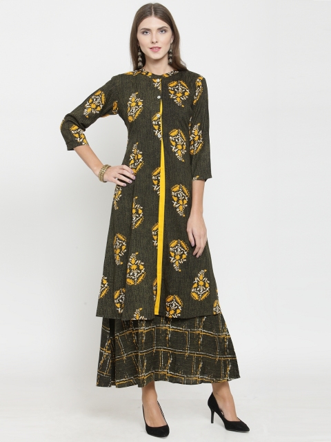 

Indibelle Women Olive Green & Yellow Printed A-Line Kurta