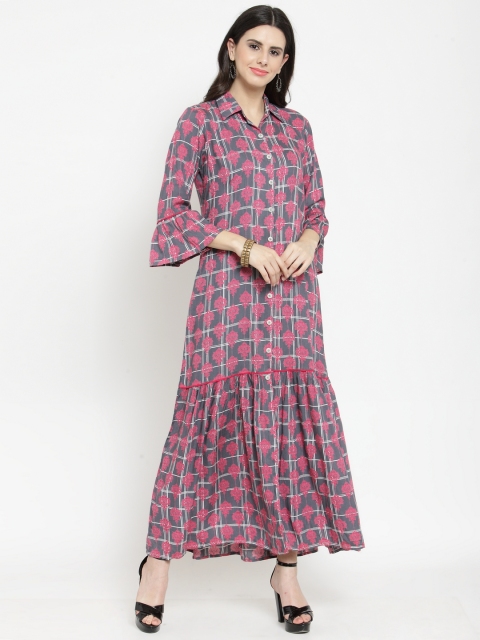 

Indibelle Women Grey & Pink Printed A-Line Kurta