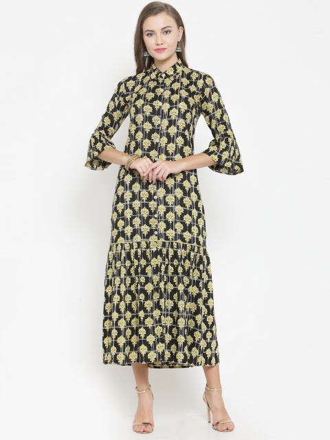 

Indibelle Women Black & Yellow Printed A-Line Kurta