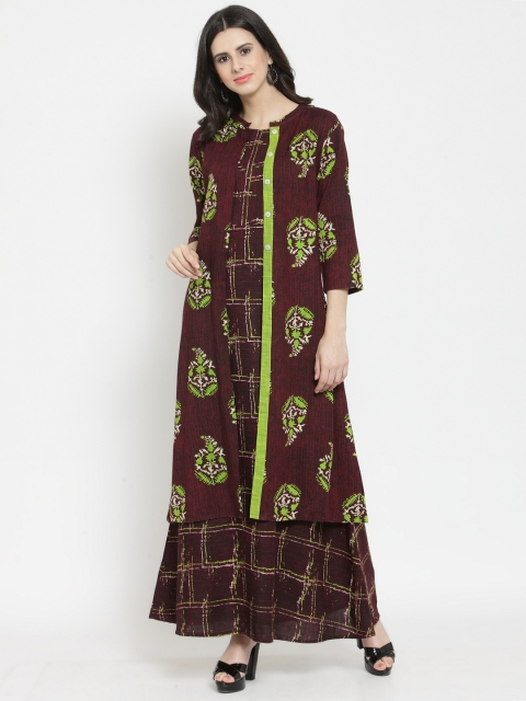 

Indibelle Women Burgundy & Lime Green Printed A-Line Kurta