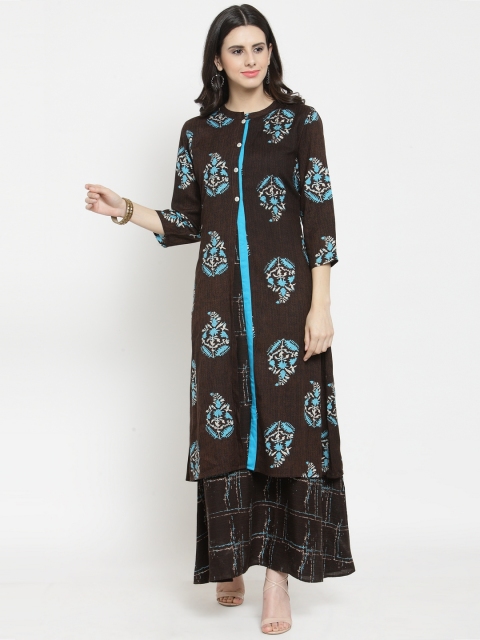 

Indibelle Women Brown & Blue Printed A-Line Kurta