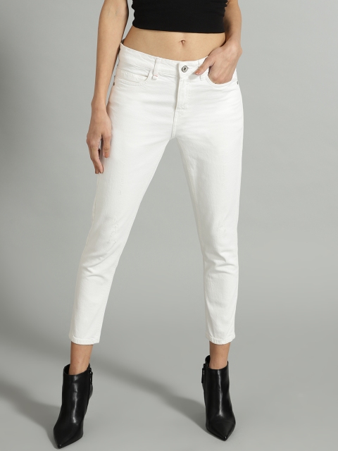 

Roadster Women White Skinny Fit Mid-Rise Low Distress Stretchable Cropped Jeans