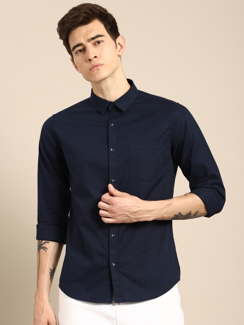 

ether Men Navy Blue Slim Fit Solid Cotton Slub Shirt