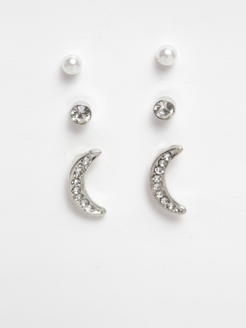 

SASSAFRAS Women Set of 3 Silver-Toned Stone-Studded Earrings