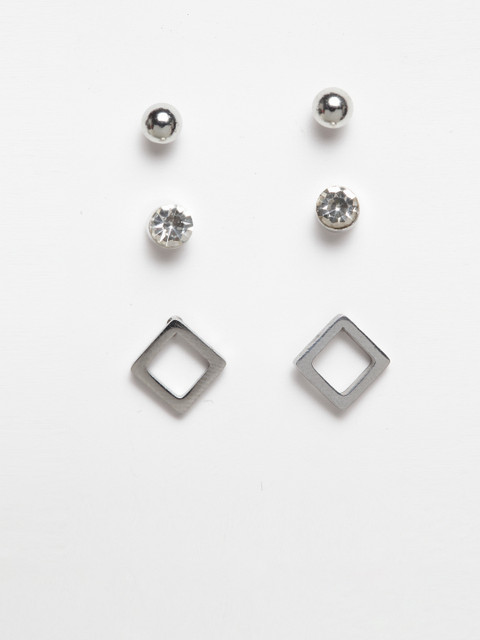 

SASSAFRAS Women Set of 3 Silver-Toned Stone-Studded Earrings