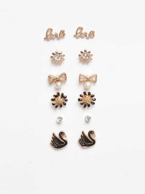

SASSAFRAS Women Set of 6 Gold-Toned Stone-Studded Earrings