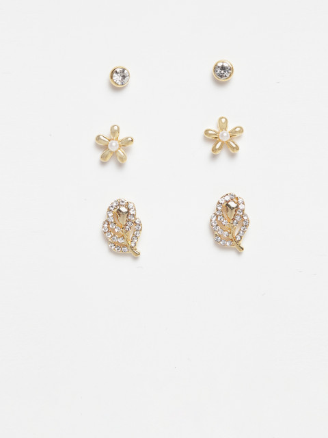

SASSAFRAS Women Set of 3 Gold-Toned Stone-Studded Earrings