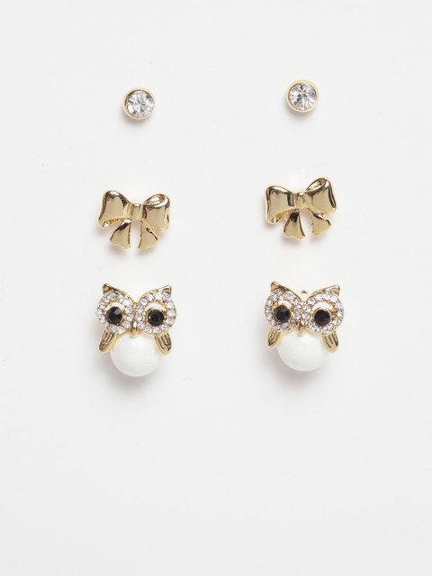 

SASSAFRAS Women Set of 3 Gold-Toned Stone-Studded Earrings
