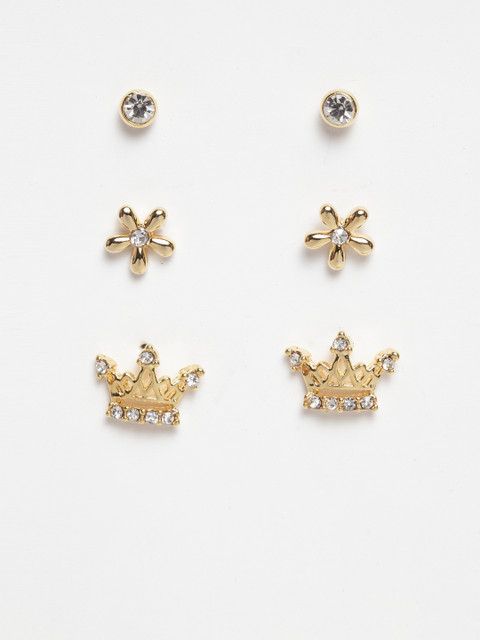 

SASSAFRAS Women Set of 3 Gold-Toned Stone-Studded Earrings