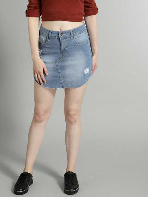 

Roadster Women Blue Washed Stretch Denim A-line Skirt