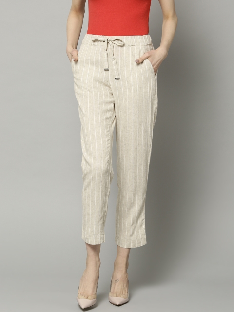 

Marks & Spencer Women Beige & White Skinny Fit Striped Peg Cropped Trousers
