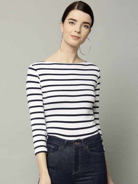 

Marks & Spencer Women White & Navy Blue Striped Fitted Top