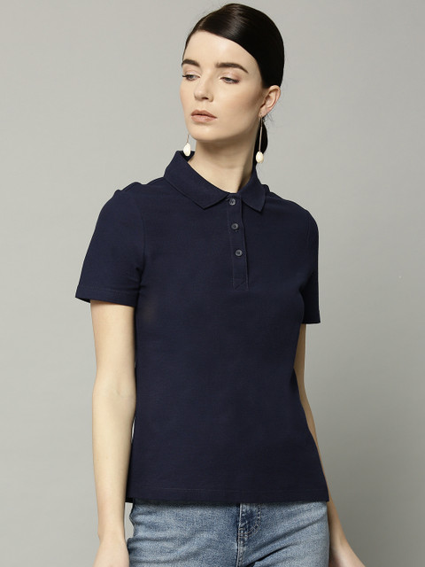 

Marks & Spencer Women Navy Blue Solid Polo Collar T-shirt
