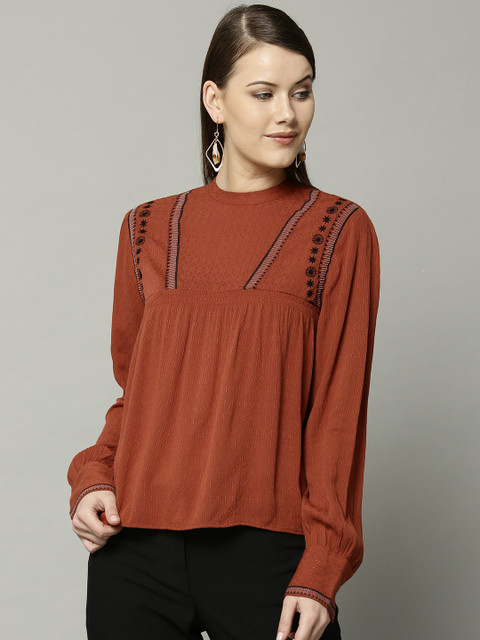 

Marks & Spencer Women Rust Brown Solid Styled Back Top with Embroidered Detail