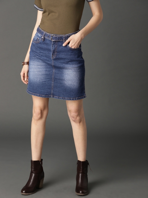 

Roadster Women Blue Shell Fabric Belt Clean Look A-line Denim Skirt