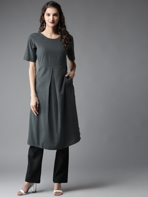 

HERE&NOW Women Charcoal Grey & White Printed A-Line Kurta