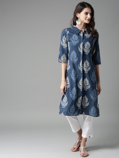 

HERE&NOW Women Navy Blue & White Printed Straight Kurta