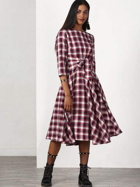 

Miss Bennett Women Red Checked Fit and Flare Midi Dress