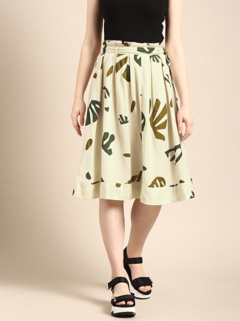 

ether Women Beige & Green Printed Paperbag Waist Skirt with Pleat Detail