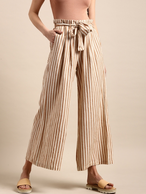 

ether Women Beige & Brown Striped Flared Palazzos