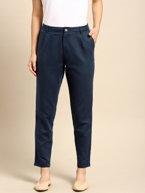 

ether Women Navy Blue Tapered Fit Solid Ankle-Length Peg Trousers