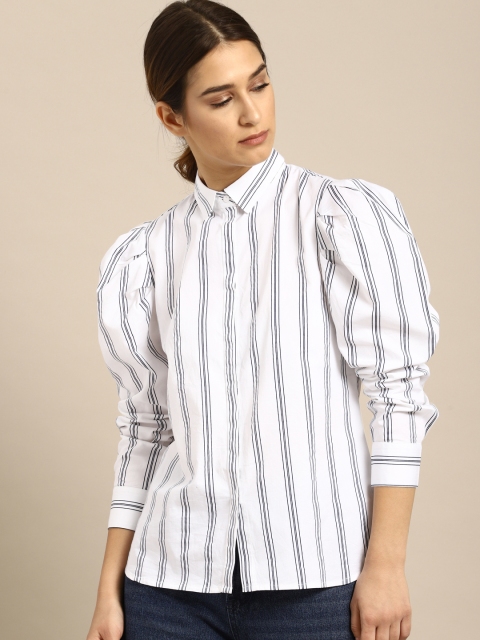 

ether Women White & Navy Regular Fit Striped Casual Shirt
