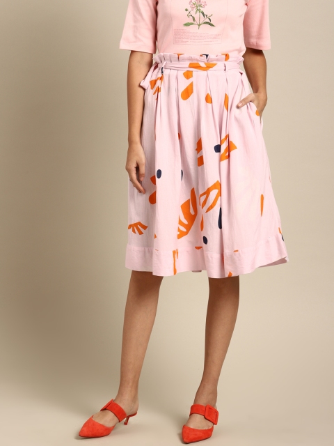 

ether Women Pink & Orange Printed Paperbag Waist Skirt with Pleat Detail
