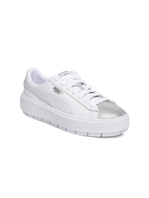 

Puma Women White & Silver-Toned Platform Trace Bio Hacking Leather Sneakers
