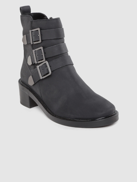 

Superdry Women Black Solid Mid-Top Leather Heeled Boots