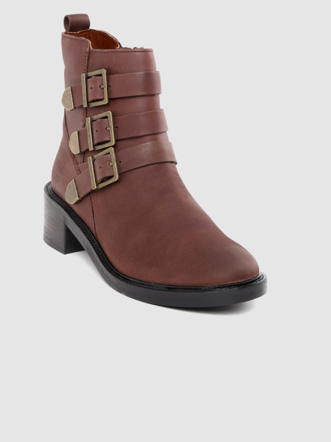 

Superdry Women Brown Solid Mid-Top Leather Heeled Boots