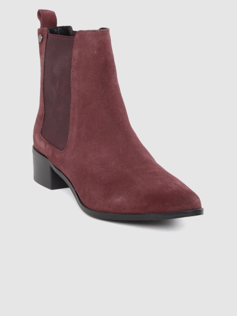 

Superdry Women Burgundy Solid Mid-Top Leather Heeled Chelsea Boots